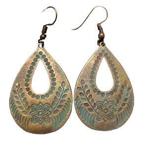 Bronze Bohemian Dangle Earrings with Teal Stain